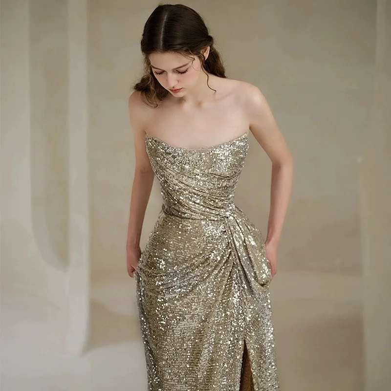 

Ele Sequin Bridesmaid Dr Sexy Strapl Evening Gown for Wedding Toast Host Luxury High Waist Long Skirt Formal Wear