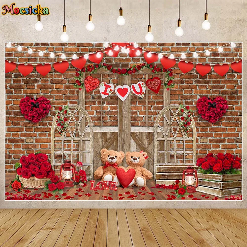 

Mocsicka Valentine's Day Backdrops for Photography Brick Wall Red Rose Toy Bear Wedding Photo Background Studio Photoshoot Props