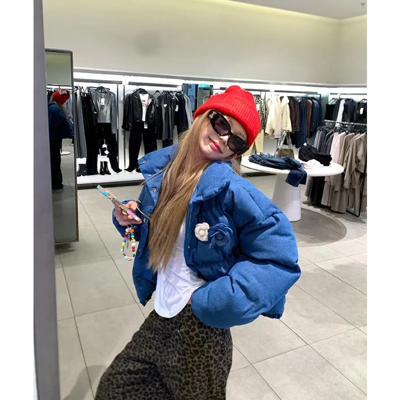 

Retro American Floral Patchwork Embroidery Cotton Jacket Short Blue Women's Style Lazy Autumn Winter Coat for Men and Women