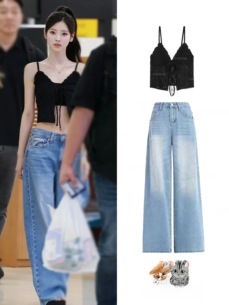 Conjunto de Jeans Holgados con Lazos de Encaje MEOVV Anna Spicy Girl, Atuendo de Verano para Mujer, Chaleco de Manga Corta, E...