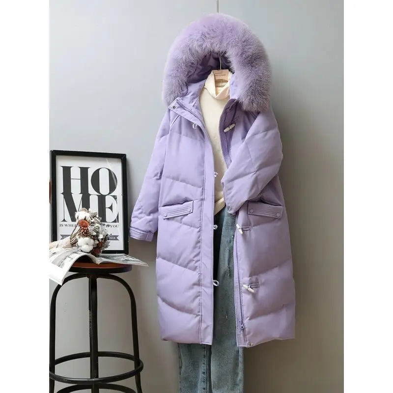 Artificial And Real Fur Hooded Down Jacket Women\'s Long Thickened Winter Coat Korean Horn Buckle Temperamental Big Pocket Parka