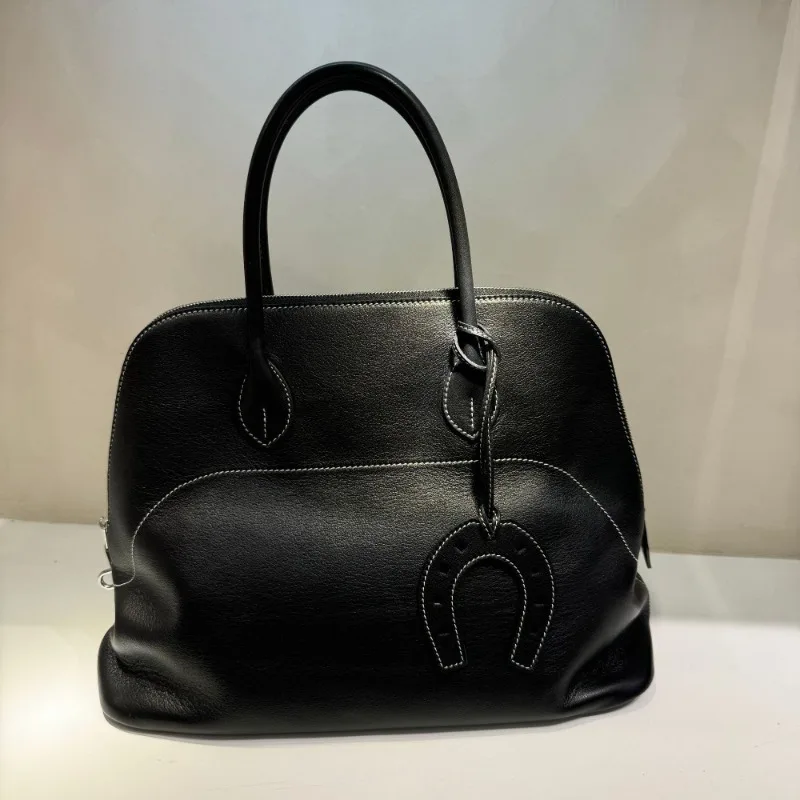 Light Luxury High-end Hand-stitched Bowling Handbag, First-layer Cowhide Shell Bag, Large-capacity Commuter Versatile Bag