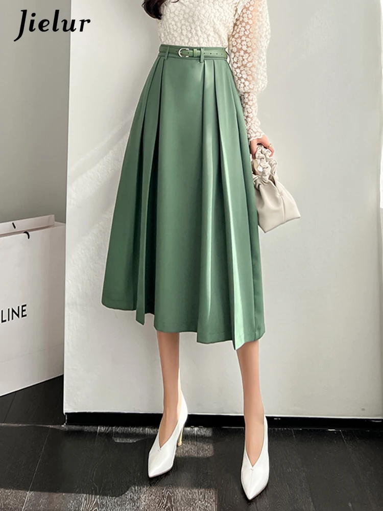 

Jielur Green Chic Belt High Waist Slim Women Midi Skirts Basic Simple Office Ladies Pure Color A-line Fashion Female Suit Skirts