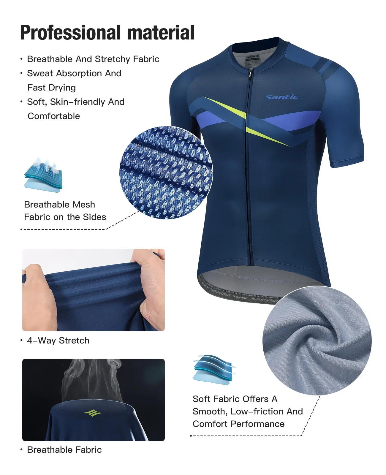 Santic Men's Cycling Jersey Summer Breathable Quick Dry Skin Friendly Bicycle Clothing Short Sleeve Full Zipper MTB Biker Shirts