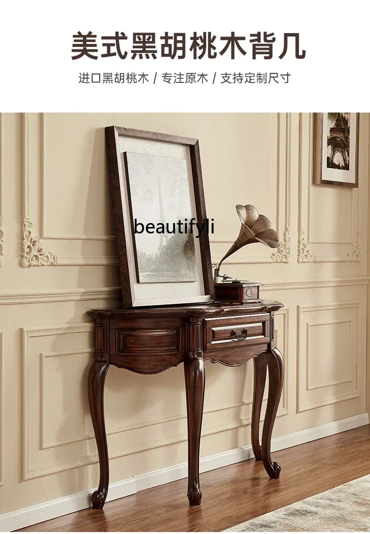 182Q American porch table black walnut all solid wood semi-round table against the wall foyer retro porch cabinet