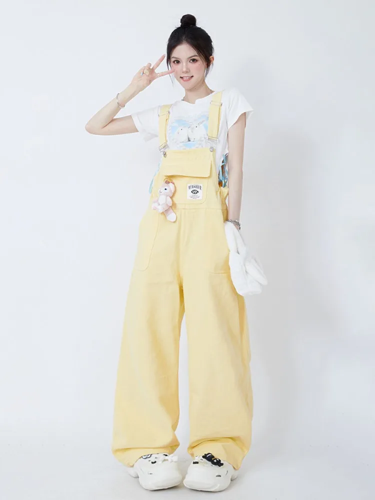 

American Vintage Sweet Yellow Strap Pants for Women Summer High Waist Rompers 2025 New Straight Loose Wide Leg Pants