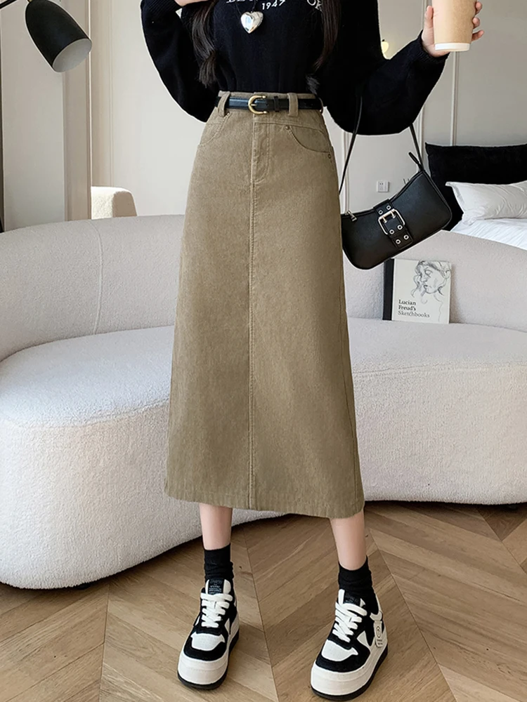 Winter Corduroy Women\'s Long Skirt Woman Vintage High Waist Wrap Cargo Bodycon Skirts With Belt A-line Black Brown Faldas Largas