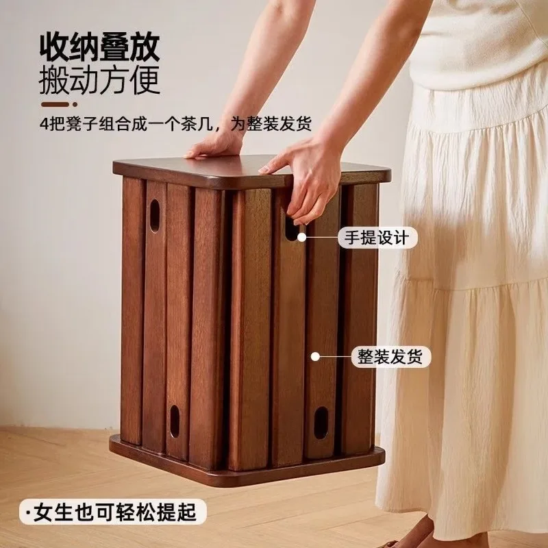 Solid wood square stool stackable coffee table home dining four-in-one storage stacked bench square stool
