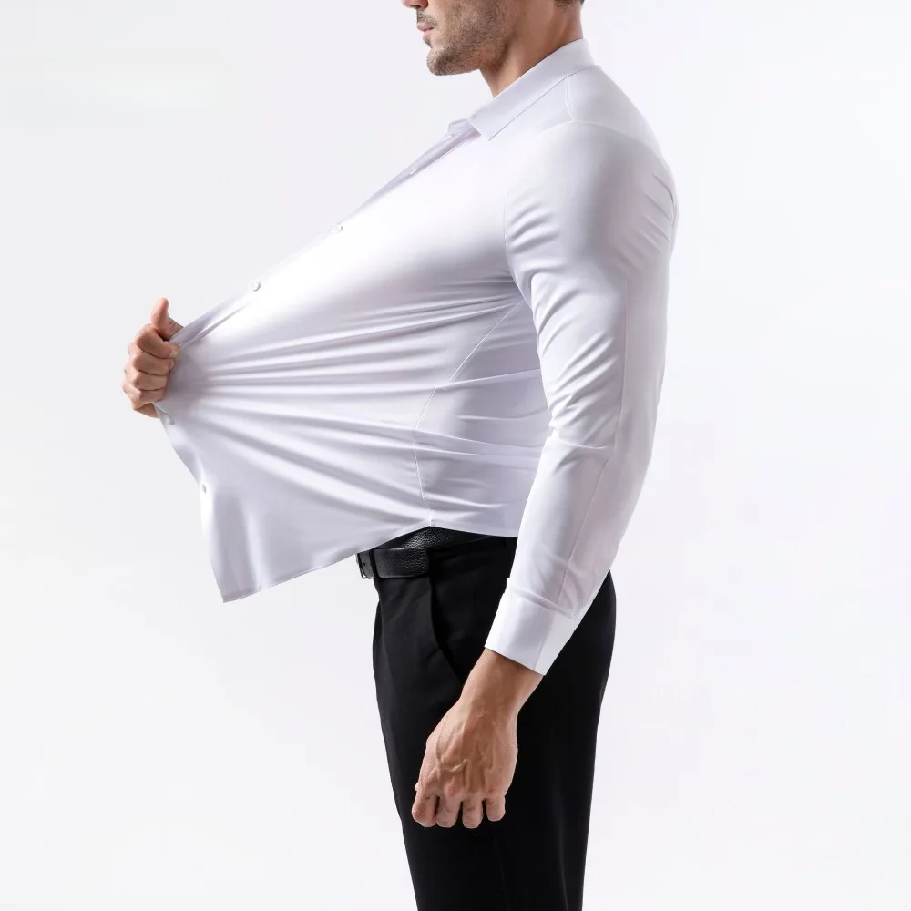 High Elasticity Men Shirt Long Sleeved Anti-wrinkle Soft Light Thin Solid Casual Slim Fit Formal Dress White Shirt Men Clothing