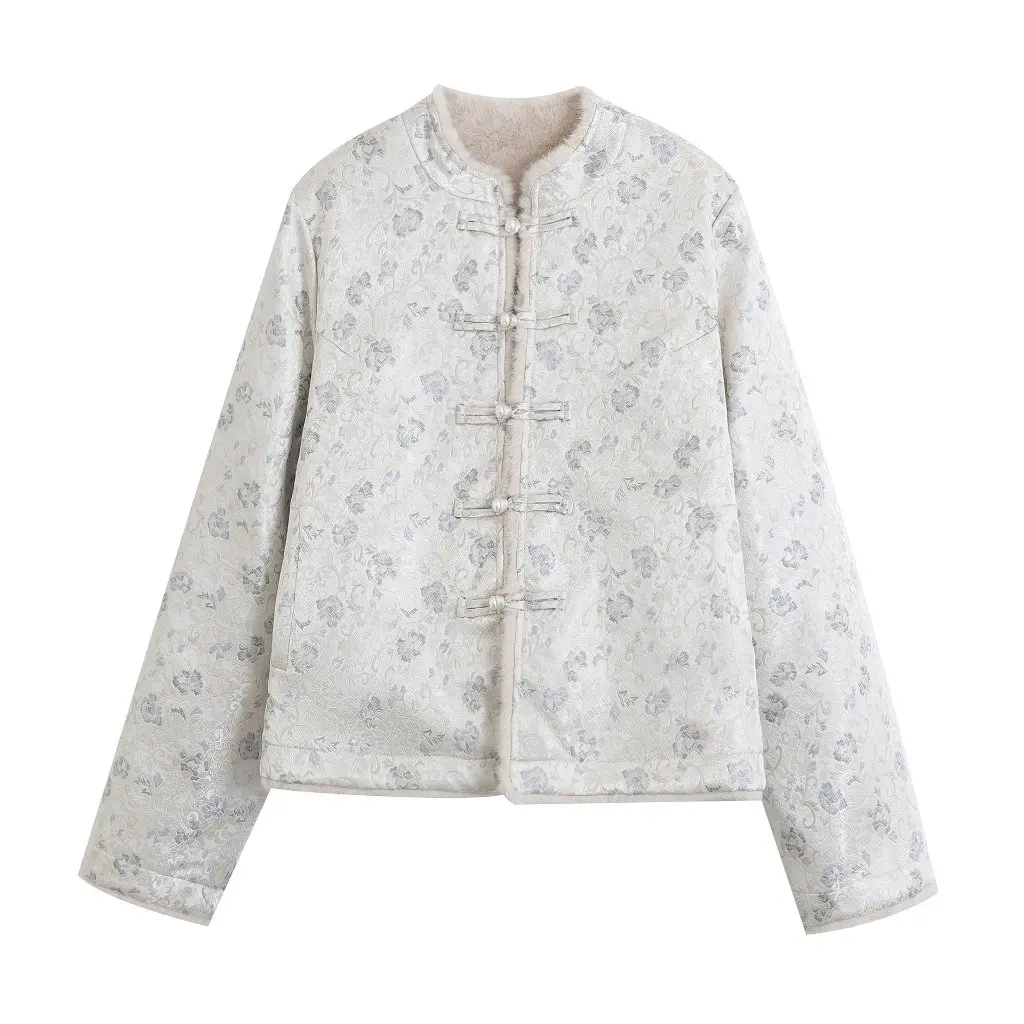 

Women's Korean Style Vintage Jacquard Coat 65RM-241013 Two-Sided Wear Buttoned Mao Style Cotton Top for Winter Fashion