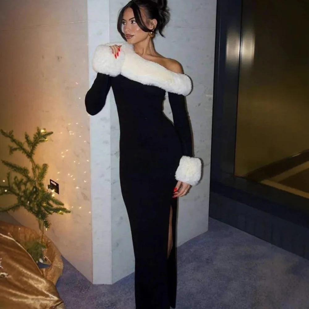 Blifanbo elegante Sexy vestido largo de manga larga para mujer muslo alto dividido hombro oblicuo ceñido al cuerpo sexy Club fiesta vestido largo de noche