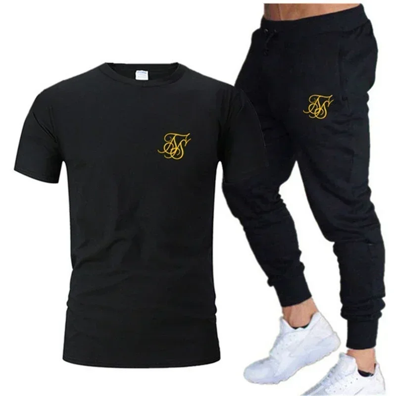 2024 New Sik Silk Men\'s Summer Casual T-shirt + Pants Two Casual Tracksuit Suit Men\'s Sports Fitness Brand Clothing Sports Suit