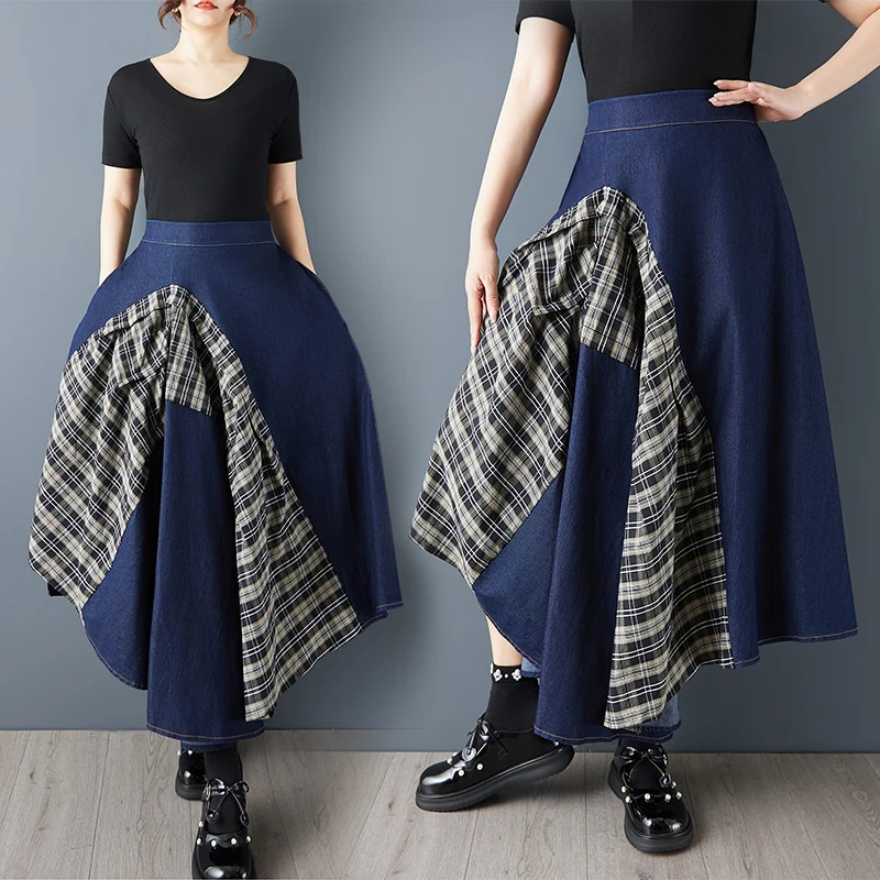 Spring Summer New Heavy Duty Denim Patchwork Plaid Skirt Fashion Asymmetrical Loose A-Line  Skirt Stylish And Attractive