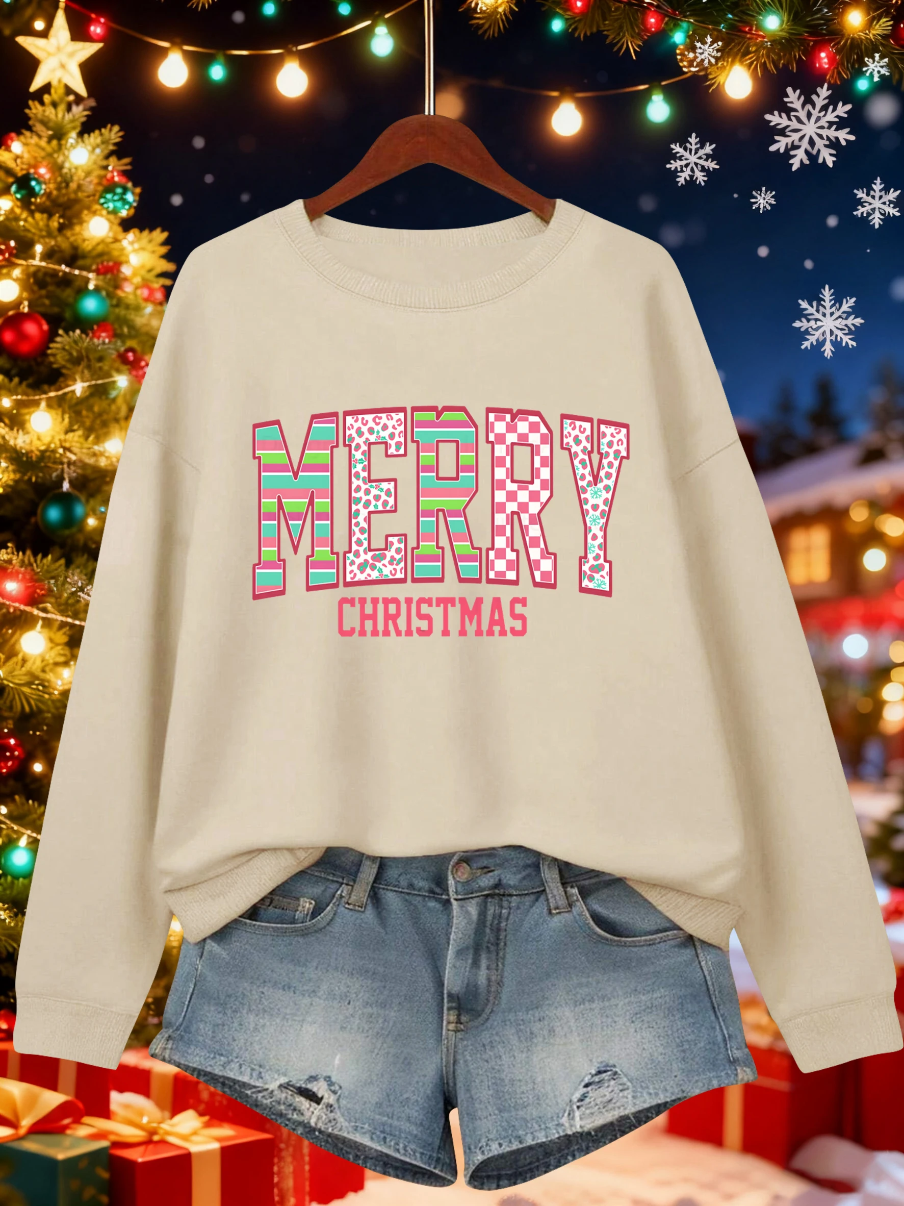 Frohe Weihnachten Kunst Brief Muster Sweatshirt Frauen Crewneck Alle-Spiel Kleidung Beiläufige Lose Streetwear Herbst Fleece Pullover
