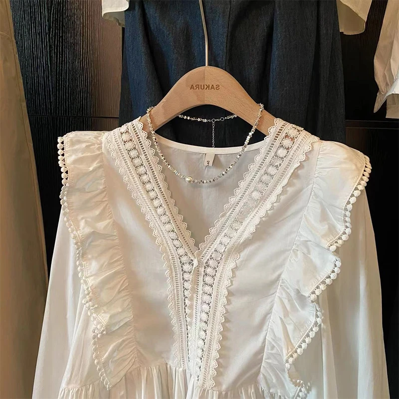 Matakawa-Blusas con volantes para Mujer, Tops lisos de encaje, Blusas Vintage elegantes para Mujer, moda coreana, Camisas dulces y Chic, primavera y otoño