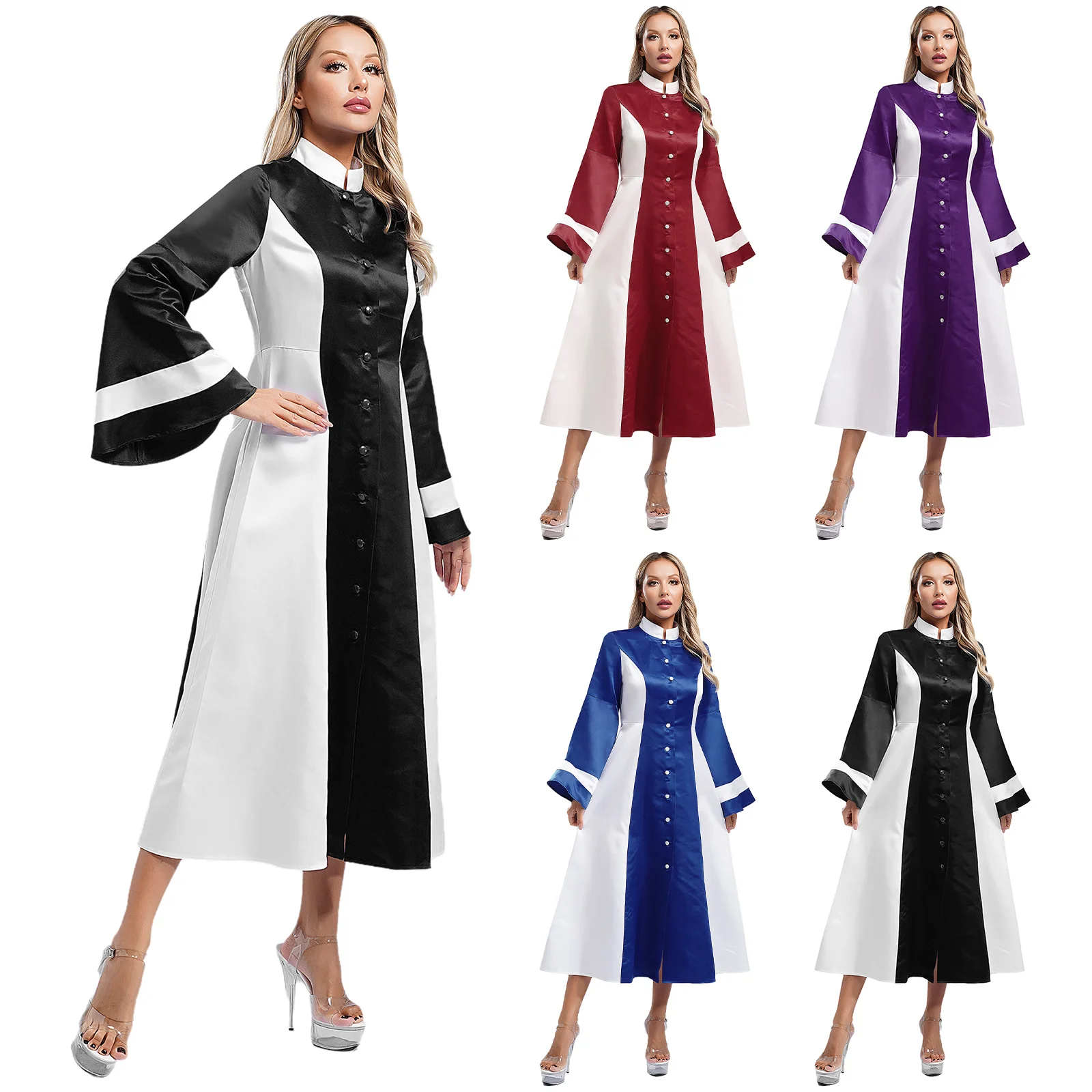 สตรีโบสถ์บูชา Choir Robe สีบล็อกคอ Flare Sleeve ชุดพระสงฆ์ Liturgical Minister Pastor Performance Dress