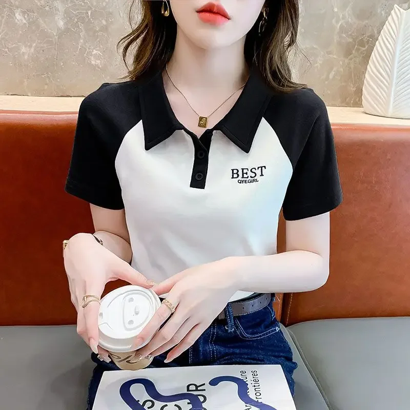 Women's Polo Shirts Black Graphic Embroidery Button Female Tee Clothing Trend 2024 Synthetic T-shirts Youthful Elegant Luxury In