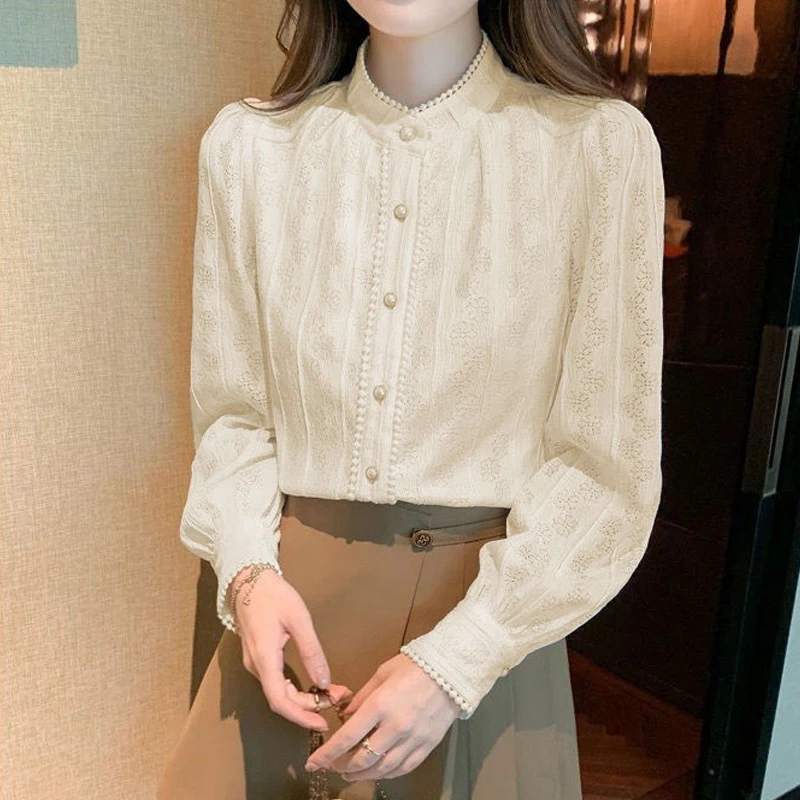 New Women Trendy Vintage Chic Lace Beaded Button Shirts Autumn Winter Casual Solid Sweet Blouses Female Long Sleeve Elegant Tops