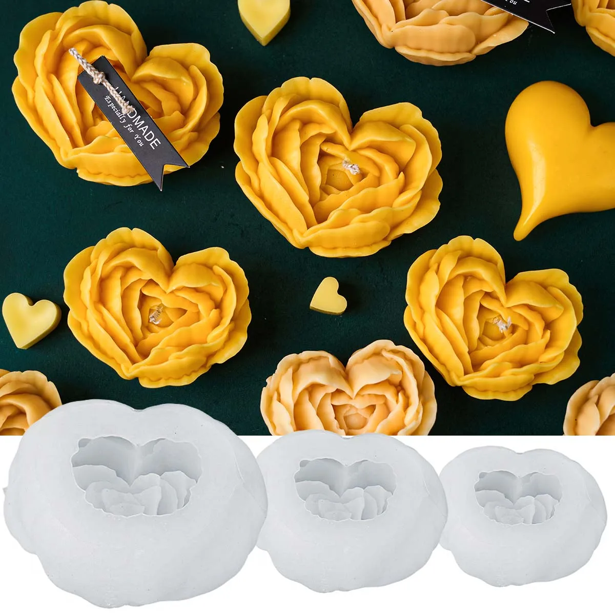 S/M/L Herz-Blumen-Silikonform für Kerzen, DIY 3D Rosen-Blumen-Duftkerzen-Seifen-Harzform, Valentinstag-Bastelgeschenk