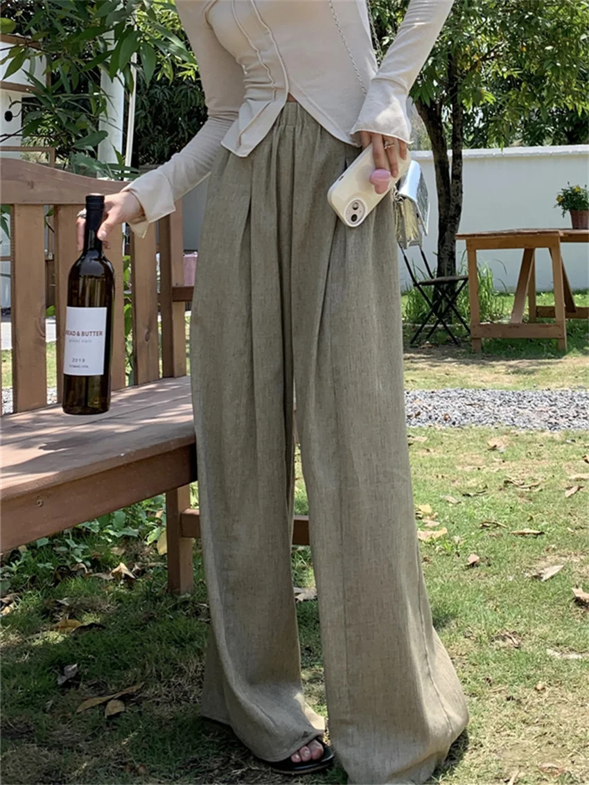 

Alien Kitty Khaki Women Trousers Chic Solid Wide Leg Loose New Minimalist 2023 All Match High Waist OL Summer Mopping Pants