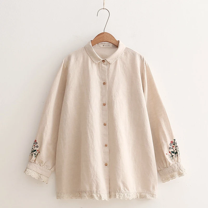 Spring Autumn Lace Cotton Long Sleeved Shirt Women Beige Color Embroidered Turn Down Collar Female Loose Blouse Tops U154