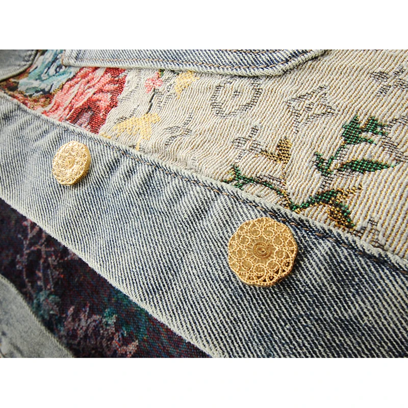 Vintage Blauwe Jacquard Splicing Grote Zak Denim Jas Vrouwen Losse Korte Cowboy Bovenkleding Herfst Nieuwe Koreaanse Jeans Jas Vrouwelijke