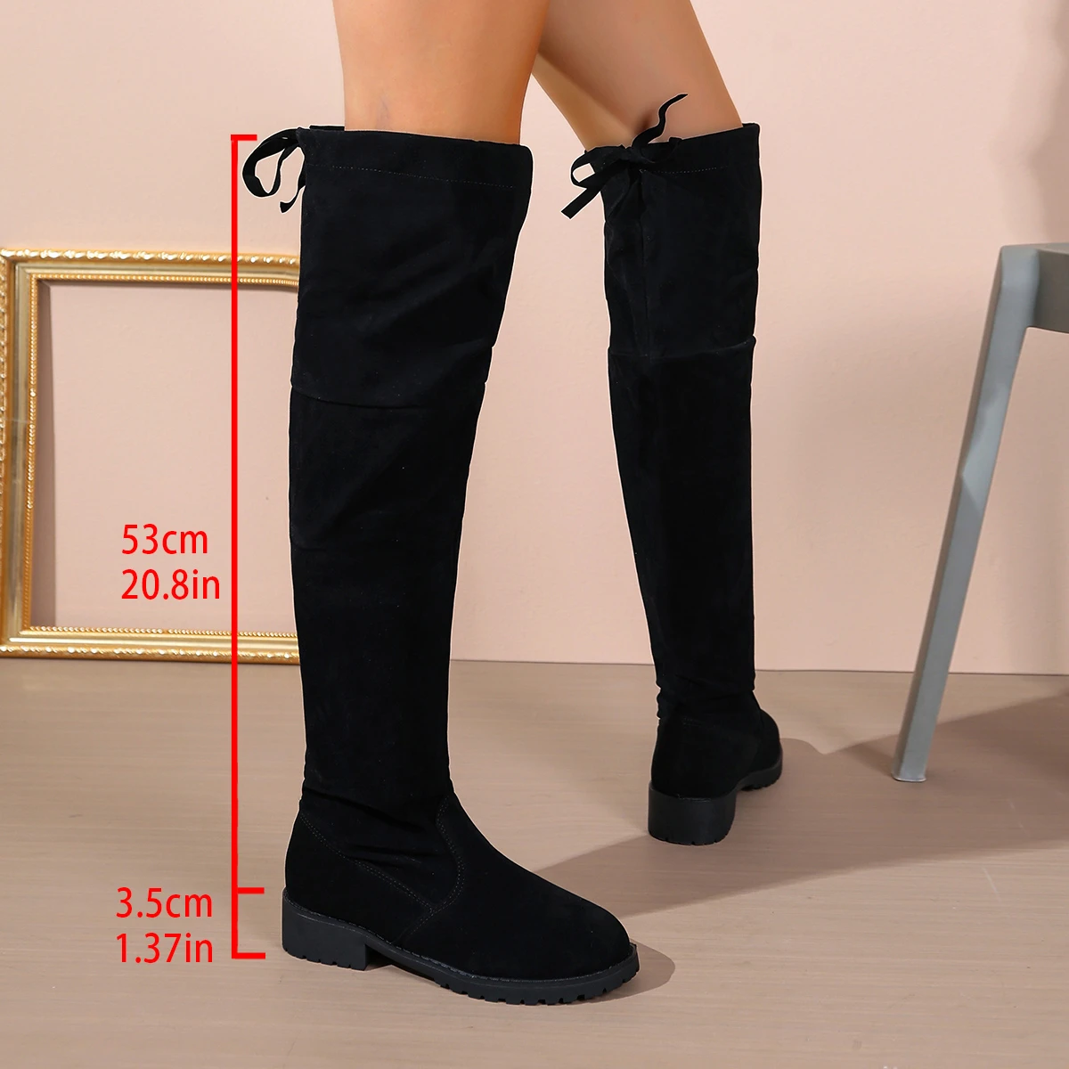 2026 Damen-Kniestiefel aus Kunstwildleder für Herbst und Winter, elastische Schnürstiefel, schwarze Botas – Detail 6
