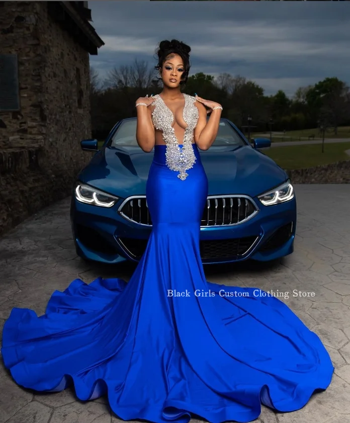 Gorgeous Treasure Blue Mermaid Prom Dress 2024 Elegant Crystal Beaded V-Neck Satin Black Girl Birthday Party فساتين سهرة