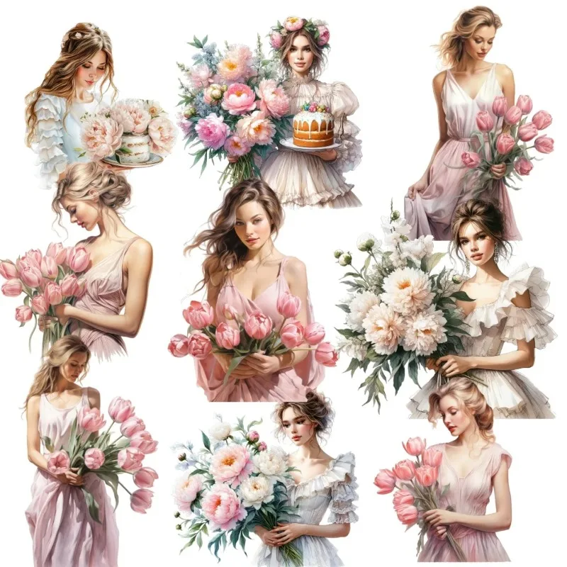 1set  Kawaii  Watercolor Peony and Tulip Girl Stickers Pack Decorative Labels Scrapbooking Collage  Journal Supplies  Planner