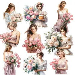 1set Kawaii Watercolor Peony and Tulip Girl Stickers Pack Decorative Labels Scrapbooking Collage Journal Supplies Planner
