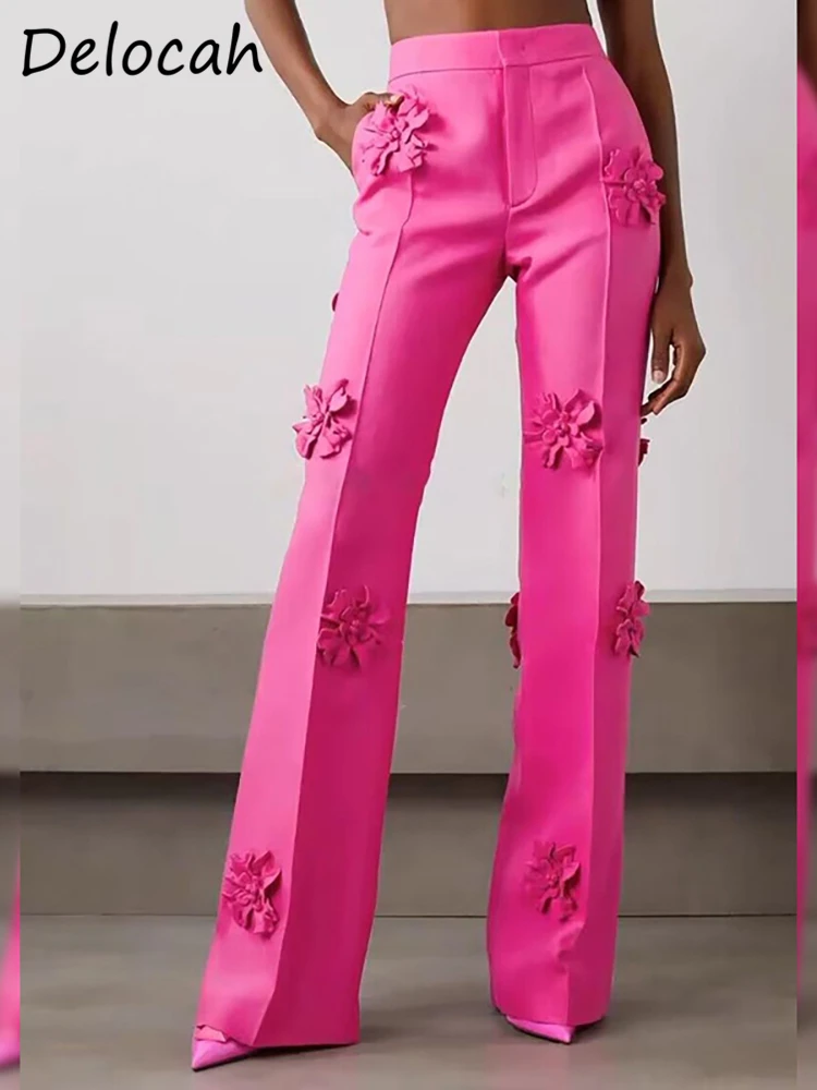 

Delocah High Quality Early Spring Women Fashion Designer Flare Pants High Waist Pink Color Print 3D Appliques Long Pants Bottoms