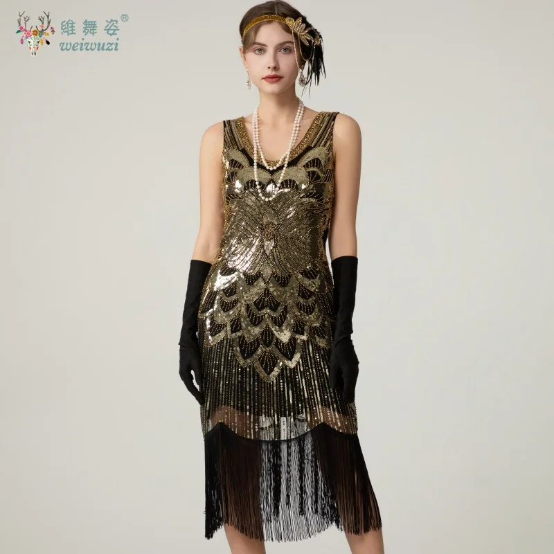 

New Retro 1920s Party Evening Dress V Neck Sleeveless Embellished Sequin Beaded Fringe Flower Vestidos Stage Perfermance Costume