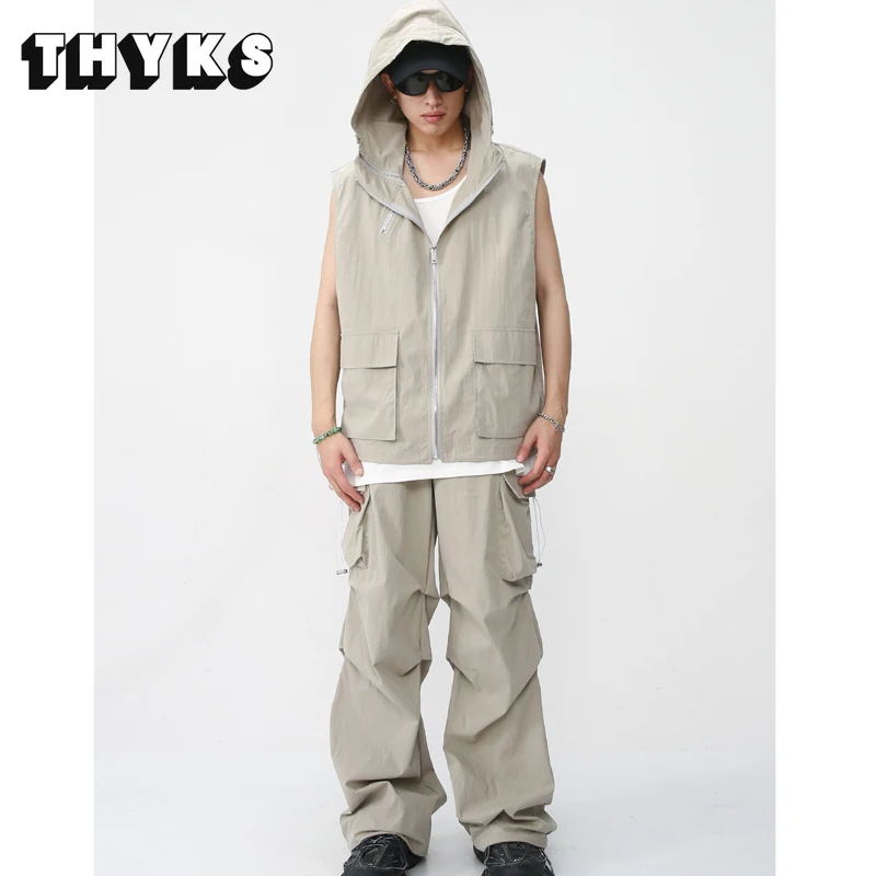 

Set Cotton Vintage Men's Vest Coats Cargo Pants Street Autumn Fashion Korean Couple Casual Loose Short Vests Top Men Veste Homme