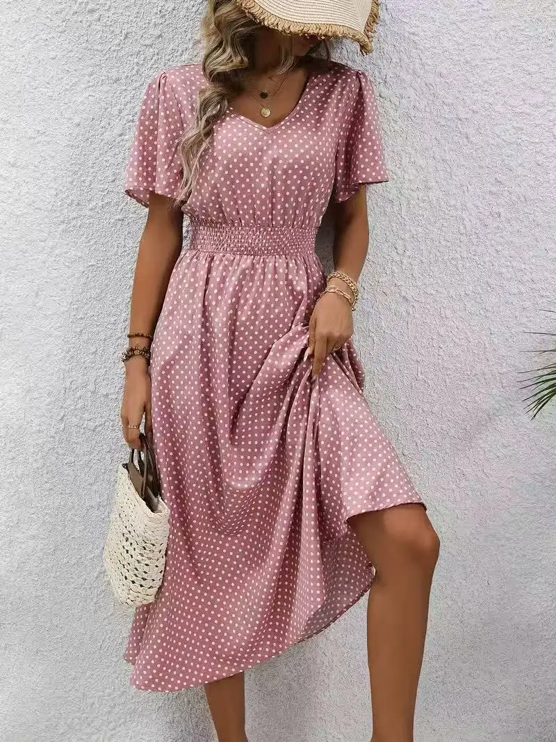 Large size women's summer retro polka dot V-neck dress, women's vacation beach leisure A-line large swing long skirt