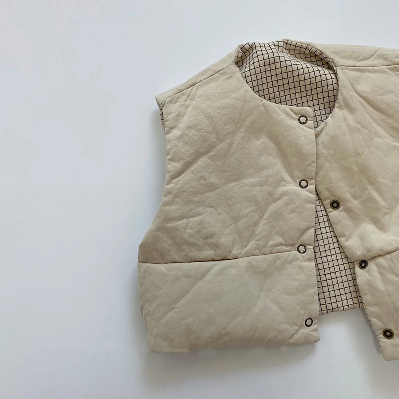 Neue Herbst Winter Kinder Plaid Ärmellose Jacke Jungen baumwolle gefütterte Westen Baby Mädchen Einreiher Weste Warme Mantel – Detail 8