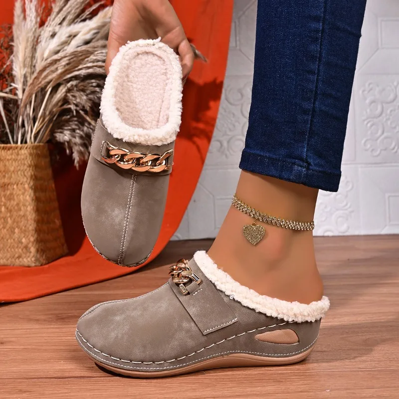 Winter Fashion Chain Decor Retro Round Toe Comfort Women's Mules 2026 New Simple Plush Warm Outdoor Casual Shoes for Women
