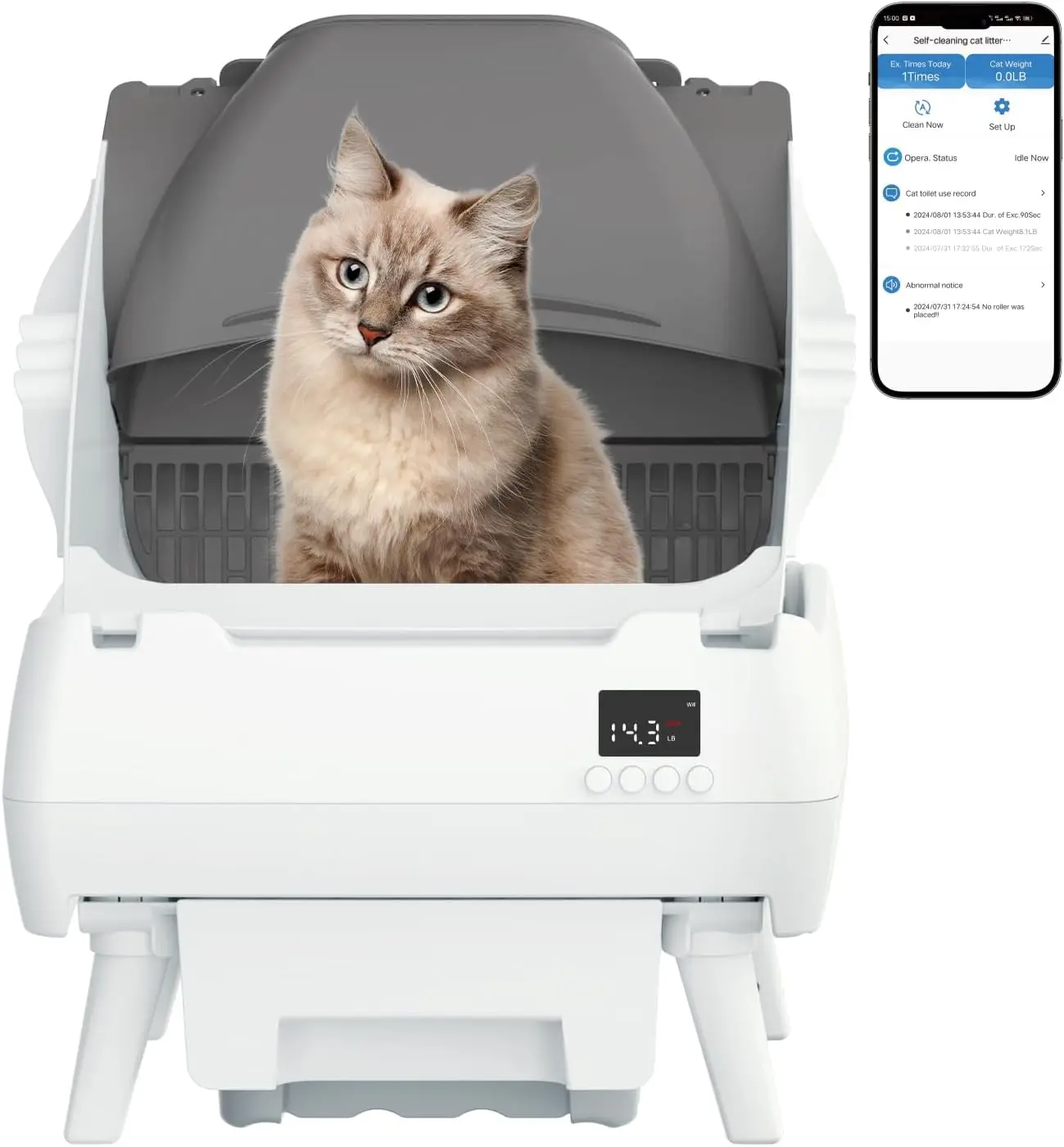 Smart Self-Cleaning Cat Litter Box with App Control, Open Design, Health Monitor, Anti-Pinch Safety, Quiet - White