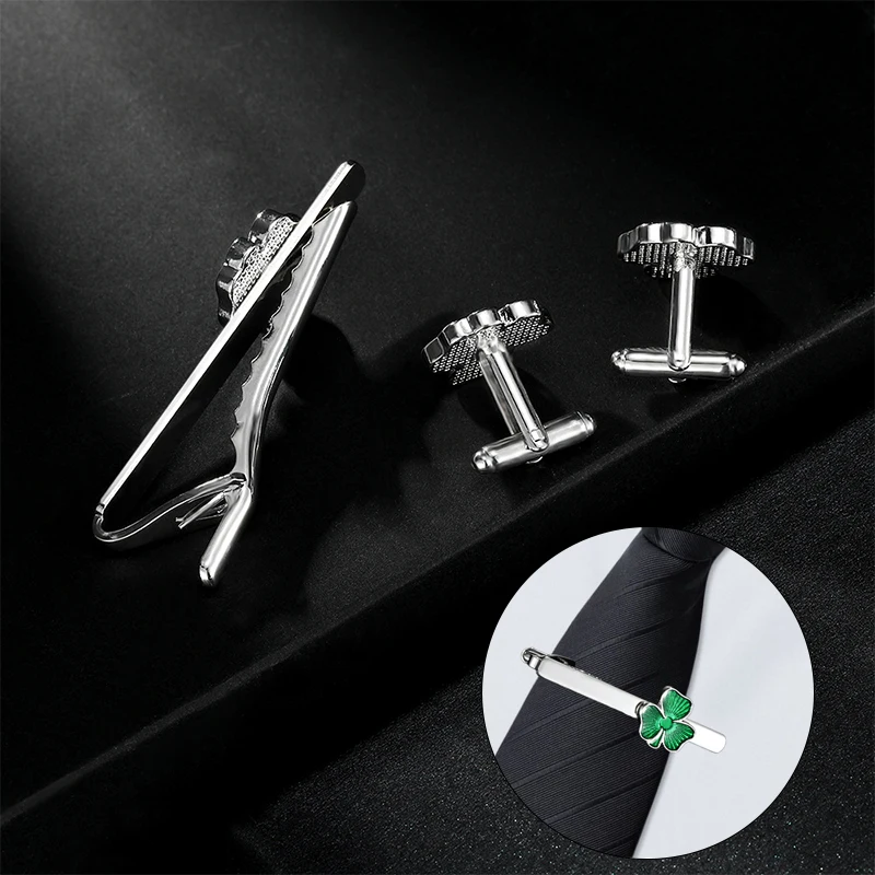 Set di fermacravatta e gemelli con quadrifoglio in smalto elegante per uomo e donna, accessori per gioielli con cravatta per camicia da ufficio