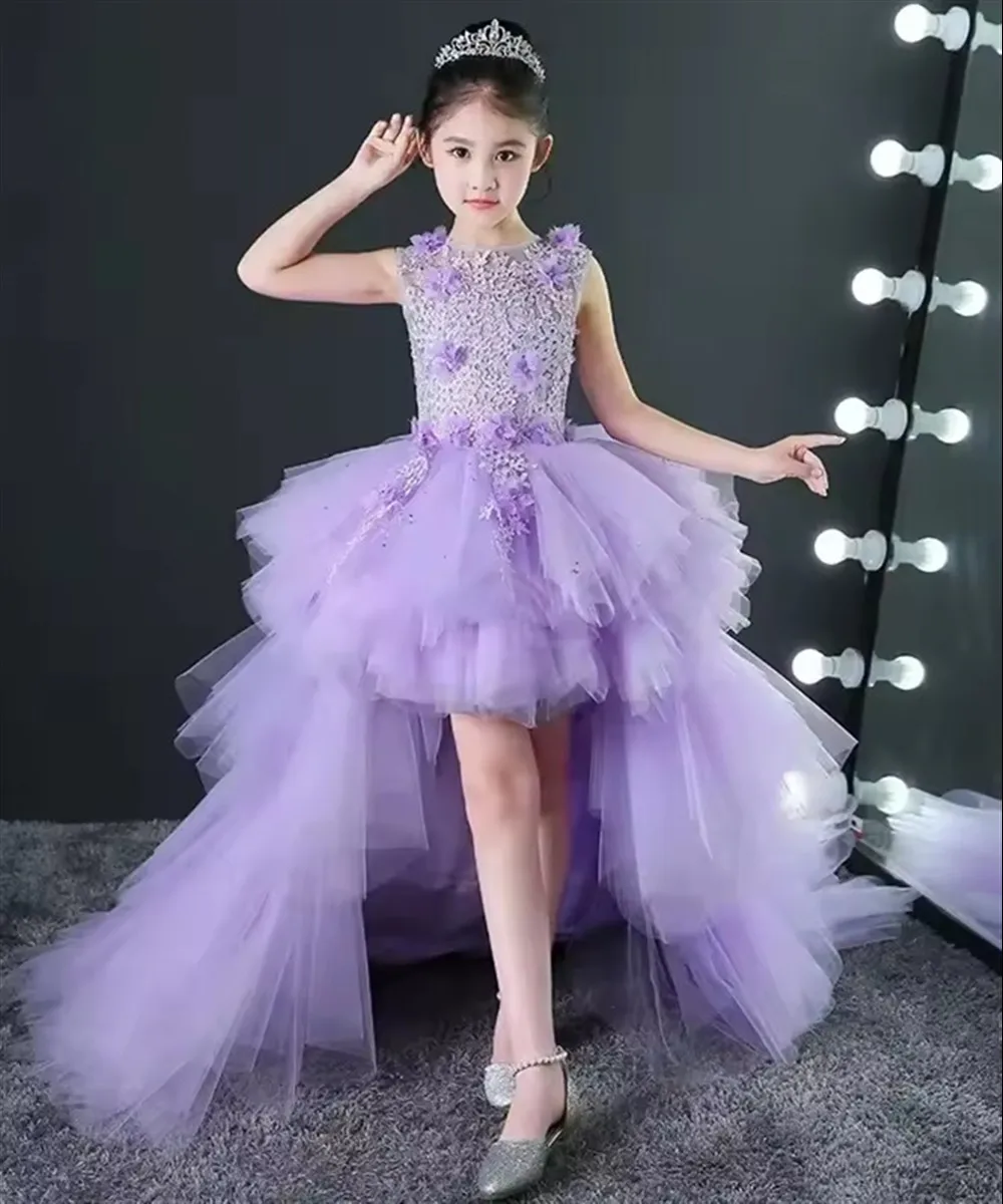 

Customized Lavender Flower Girl Dress For Wedding Appliques Tulle Puffy Sleeveless Kids Performance Birthday School Party Gown