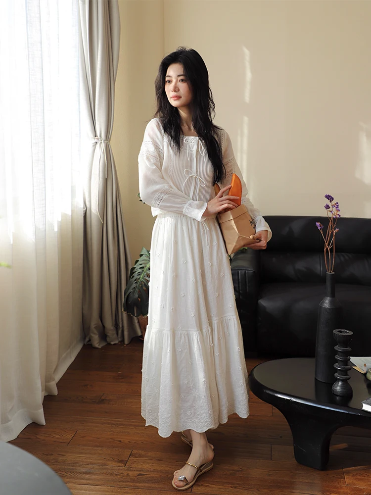 

Floral Embroidery A-Line Skirt High Waist Pure Cotton Breathable Casual Sle f-length Skirt Heavyweight Texture