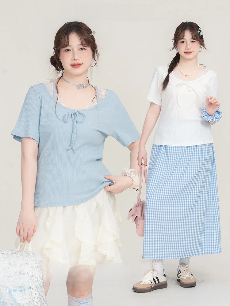 

Heynew Lace Splice ort Sve Top plus Size Women's Summer New Sle Pure Desire Slimming Pure Cotton Blend T-irt