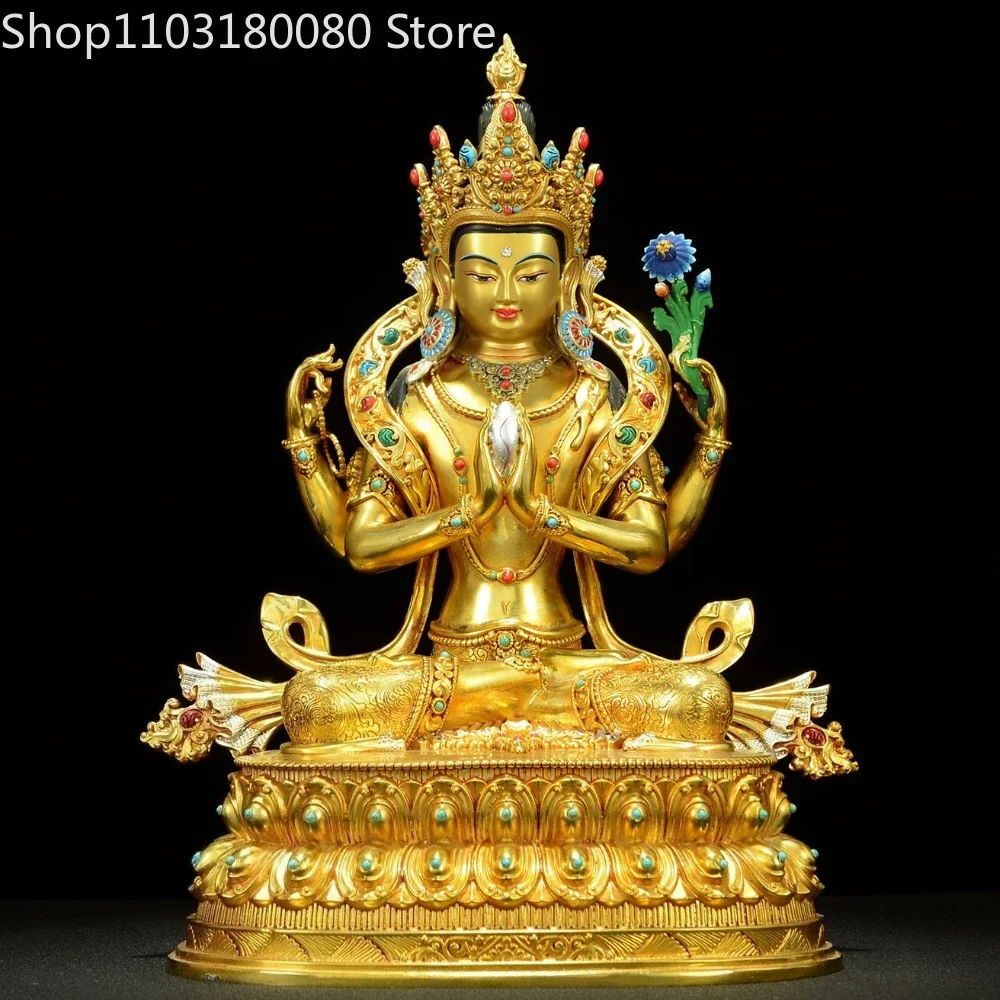 30cm Copper gilding inlay Four-arm Guanyin Kwan-yin buddha statue vajrasattva sculpture