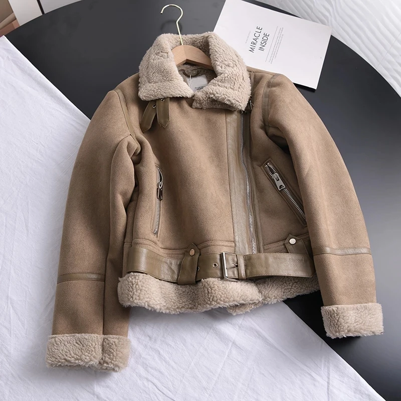 Winter Vintage Suede Lamb Short Jacket Women Thick Warm Moto Bike Black Coat Female Sashes Faux Leather Jacket Outwear with Belt