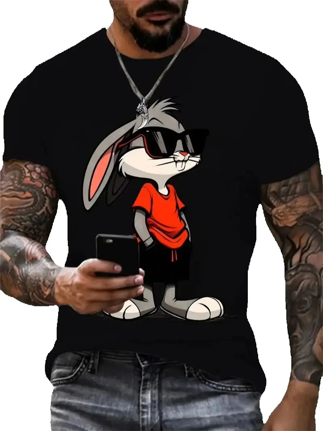 

Casual Sportswear Couple Outfit Machine Washable Cartoon Animal Print Design Round Neck Design Glasses Cartoon Rabbit T-Shirt