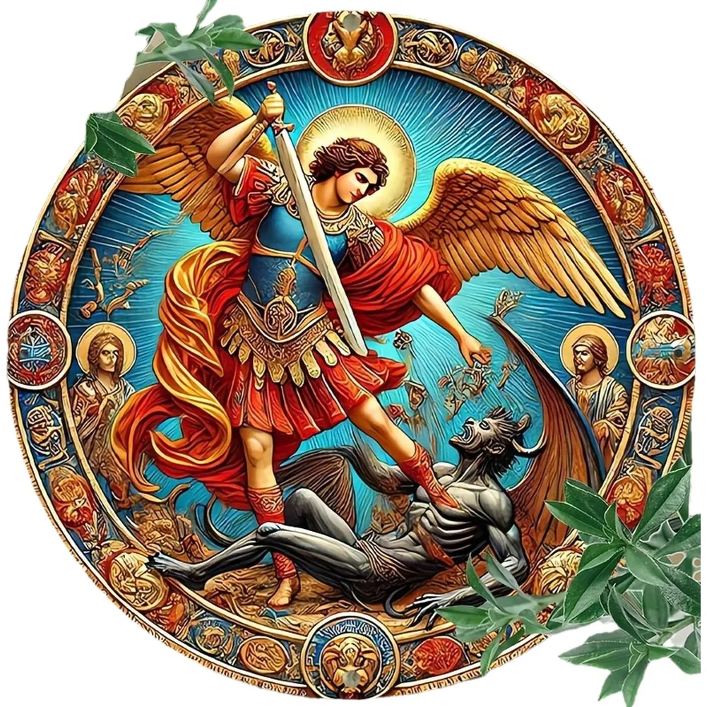 2D Flat, Vintage Round „Archangel Michael Defeats the Demon“ Metallwandkunst – 20,3 x 20,3 cm großes Aluminium-Blechschild