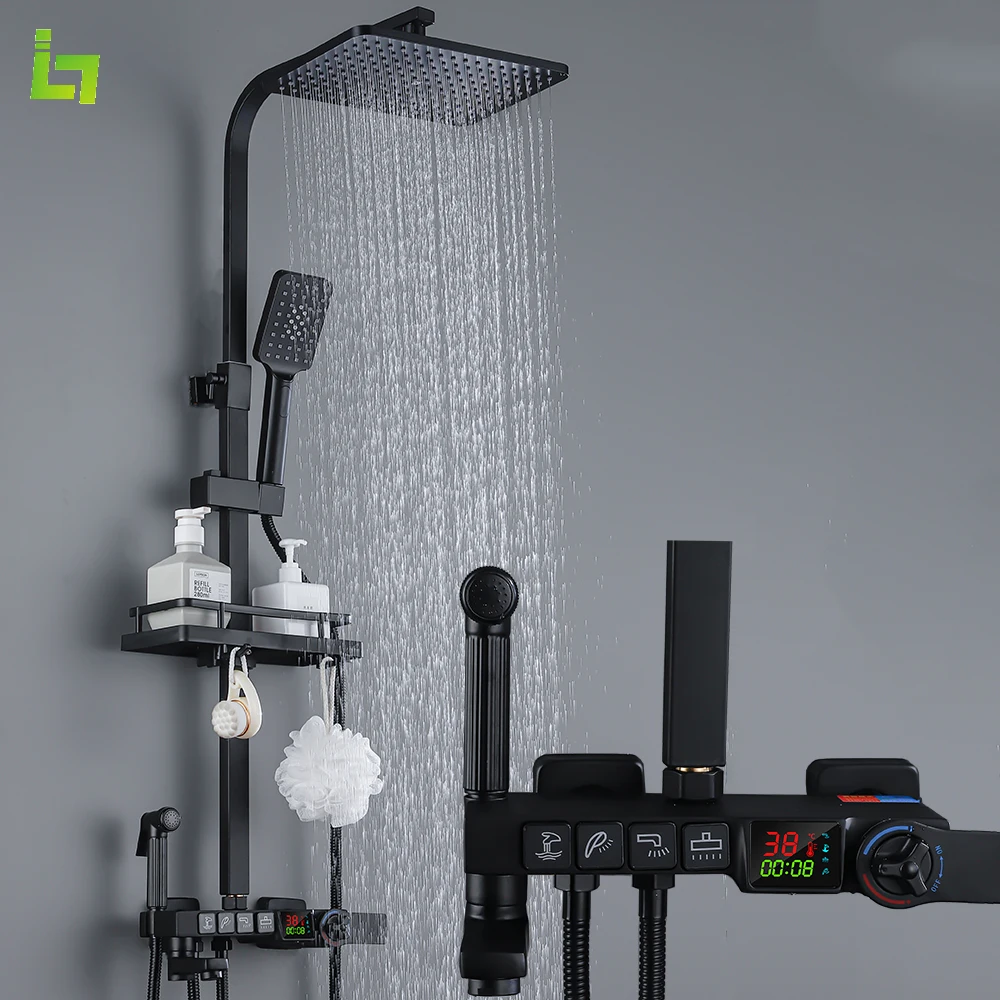 Long Spout Bathroom Shower Faucet Set Display Thermostatic  Rainfall  Bathtub Mixer Tap Multiple  Function