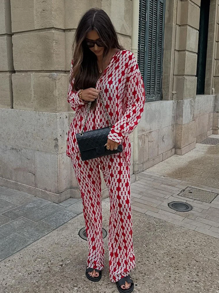 Casual Polka Dot Shirt Long Pant Sets Women Loose Red Single Breasted Full Sleeve Shirts Zipper Straight Pants Set Female Chic