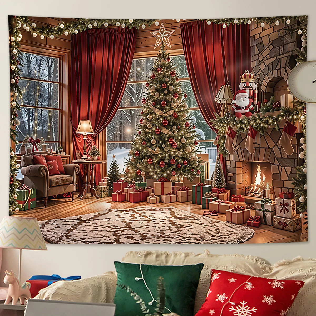 1pc Christmas decoration tapestry, home decoration Christmas tree, window and forest, New Year photography background tapestry,
