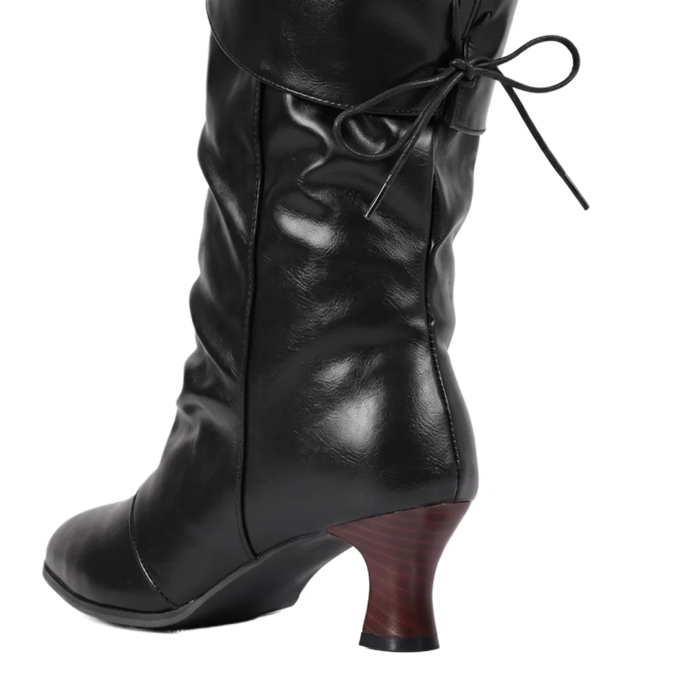 Women Mid‑Calf Boots 32‑50 Large Size Shiny PU Leather Kitten Heel Pleated Back Tie Fashion Women Boots 7746