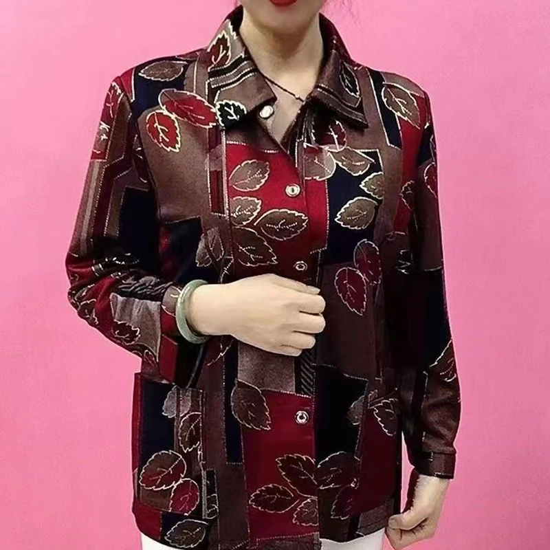 Vintage Printed Lapel Button Pockets Floral Shirts Women\'s Clothing 2024 Autumn New Loose All-match Tops Office Lady Blouses